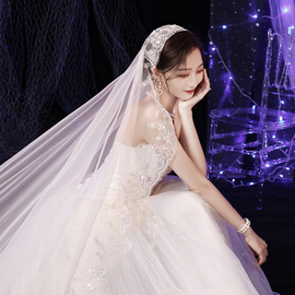 韩式新娘长款3米蕾丝长拖尾头纱大拖婚纱结婚主题旅拍超仙森系
