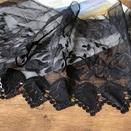 黑色欧根纱刺绣蕾丝花边，手工裙摆接衣服辅料，宽30cm镂空树叶