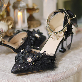 原创一夜物语Lolita鞋洛丽塔凉鞋闪亮水钻尖头细跟花嫁鞋高跟lo鞋
