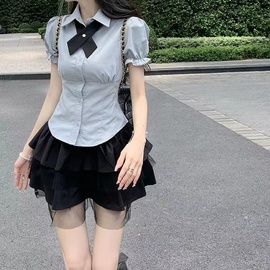 夏季日系JK制服套装女收腰显瘦泡泡袖衬衫上衣高腰蓬蓬蛋糕裙