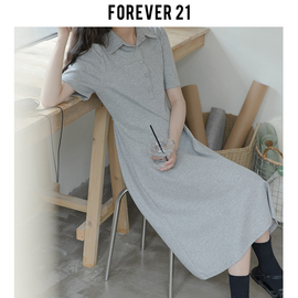 forever21日系学院风polo领连衣裙女早春灰色，泡泡袖收腰中长裙子