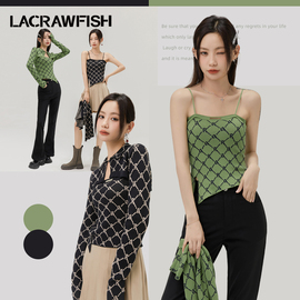 lacrawfish韩系辣妹菱格针织衫，套装修身吊带背心坎肩外套上衣女