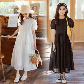 女童白色连衣裙夏装2024韩版童装儿童泡泡短袖公主裙子中大童长裙