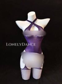 LonelyDance 紫色可撕睡衣镂空连体交叉挂脖带丝袜镂空性感睡衣