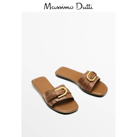 Massimo Duti女鞋 2024夏季皮带扣装饰棕色皮革简约平底凉鞋