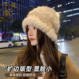 真兔毛针织帽子女秋冬大头围，护耳毛线帽宽松加厚保暖渔夫盆帽