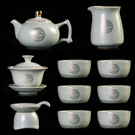 汝道(rudao)汝窑整套功夫，茶具套装家用开片汝瓷，鎏银茶具复古陶