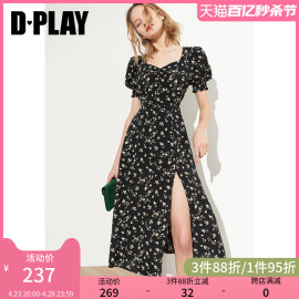 dplay夏法式(夏法式)宫廷领复古泡泡袖，气质黑小碎花连衣裙