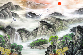 国画山水聚宝盆流水生财风水，玄关画海报制作客厅，装饰画画挂画8308