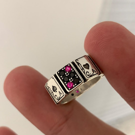 s925银扑克牌锆石复古戒指女夸张小众设计时尚，个性开口食指环