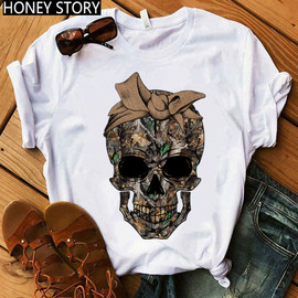 Skull T-shirt夏季迷彩骷髅短袖夏季原宿街头时尚豹纹印花女士T恤
