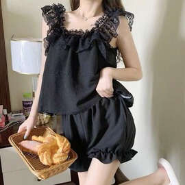 纯欲风吊带睡衣黑色蕾丝套装日系ins风可爱甜美少女家居服