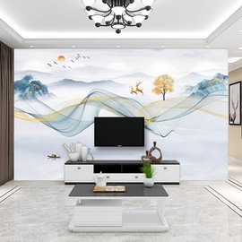客厅电视背景墙壁纸新中式壁画2024山水画壁布影视墙墙布定制