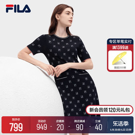 FILA 斐乐编织连衣裙女2024夏季休闲经典老花优雅满印长裙子