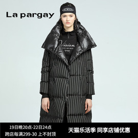 lapargay纳帕佳女装，冬季白色条纹中长款保暖羽绒服外套潮