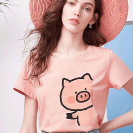 夏季原宿唯美短袖T恤女士粉红色猪印花卡哇伊T恤时尚可爱上衣T恤