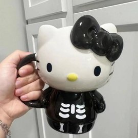 黑色骷髅头hellokitty陶瓷杯y2k辣妹万圣节马克杯全身凯蒂猫水杯