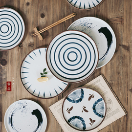 日式手绘陶瓷盘子创意家用菜盘复古日系餐具碟子西餐牛排盘早餐盘