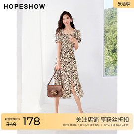 红袖outlets豹纹连衣裙hopeshow2023秋季女装开叉方领雪纺裙