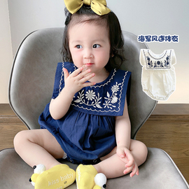 21韩国童装新生婴儿儿衣服夏装哈衣海军风连体衣女宝宝三角包屁衣