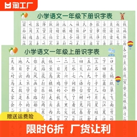 一二年级语文识字表挂图，儿童小学生上册，下册生字表认字学习挂图