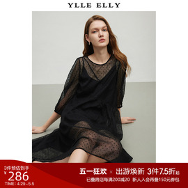 YLLE ELLY不规则波点连衣裙秋装泡泡中袖圆领雪纺小黑裙