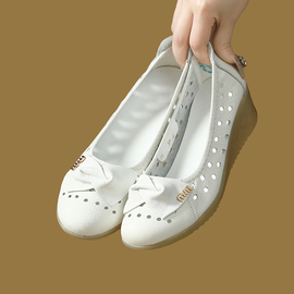头层牛皮夏季护士鞋白色坡跟圆头凉鞋牛筋底舒适牛皮单鞋工作女鞋