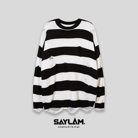 黑白分明 SAYLAM 设计师品牌 美式高街个性条纹破洞 男女针织衫