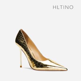hltino2024春季金色尖头高跟鞋女细跟浅口漆皮法式性感单鞋子