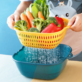 厨房双层水果蔬菜塑料撞色沥水，篮方形塑料，加厚收纳洗菜沥水篮