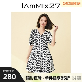 iammix27复古印花连衣裙女个性，撞色爱心时尚抽绳全棉，泡泡袖短裙女