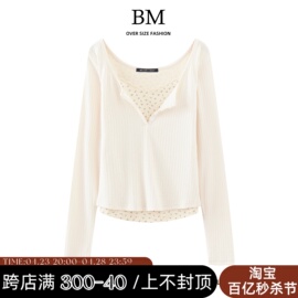 bmfashionbm内搭纯欲风蕾丝，假两件长袖t恤碎花，打底衫上衣女