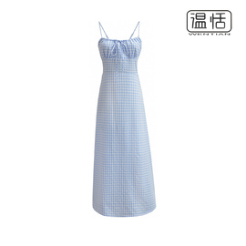 法式复古蓝色格纹胸前褶皱，系带收腰吊带裙修身显瘦长裙子