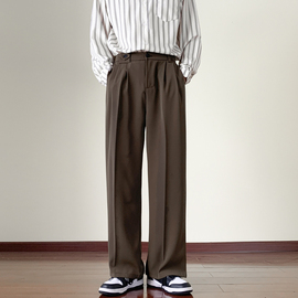 日系垂感裤子男士春秋季韩版潮流复古咖色西装裤宽松直筒休闲西裤