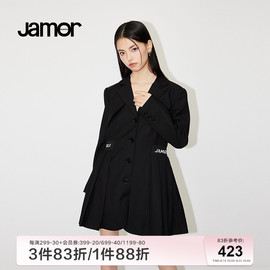 Jamor黑色质感西装连衣裙女春季字母图案高腰连衣裙加末