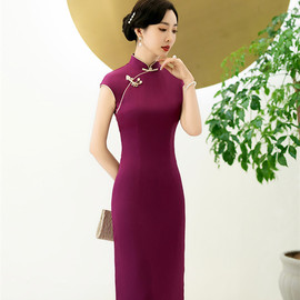 日常春夏款中长款后开叉纯色，旗袍礼服新中式高品质优雅气质连衣裙