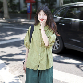 艺野系 日系可爱卡通印花绿色短袖衬衫女夏甜美学院风多巴胺上衣