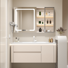 法式奶油风陶瓷一体，智能浴室柜镜柜组合卫生间收纳洗漱台洗脸盆
