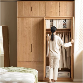 红橡木衣柜全实木衣橱北欧卧室，移门家用对开门收纳柜子衣橱储物柜