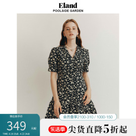 Eland衣恋连衣裙中长款小碎花V领泡泡袖收腰裙子女夏季