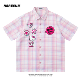 neresum夏季kitty猫格子短袖衬衫，女宽松潮流情侣学生小众可爱衬衣