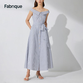 Fabrique 一字肩翻领条纹衬衫连衣裙2023夏季女海军风连衣裙