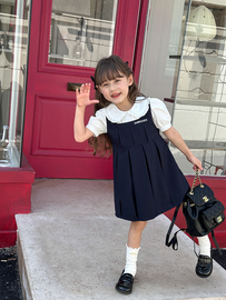 儿童泡泡袖学院风连衣裙2024夏季女童韩版洋气假两件娃娃领裙子