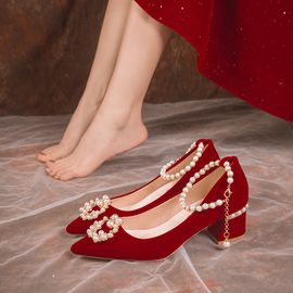结婚鞋女2024年中式红色高跟粗跟新娘绑带秀禾婚纱两穿订婚鞋