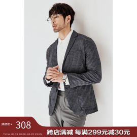 JSSD HOMME 亚麻便服西服男士条纹春秋季修身商务休闲西装外套男