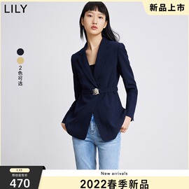 lily2022春女装设计感一粒扣收腰显瘦藏青色，通勤小西装外套