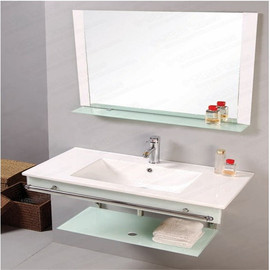挂墙式一体陶瓷洗脸盆，卫生间简易钢化玻璃，家用组合洗漱台盆浴室柜