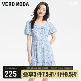 veromoda连衣裙2023夏季方(夏季方)领泡泡袖收腰印花甜美优雅