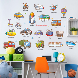 儿童卡通小英文单词贴小学，教室文化墙贴纸，交通工具英语字母的装饰