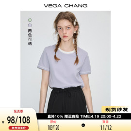 VEGA CHANG短袖T恤女2024年夏季小个子简约宽松圆领拼色上衣